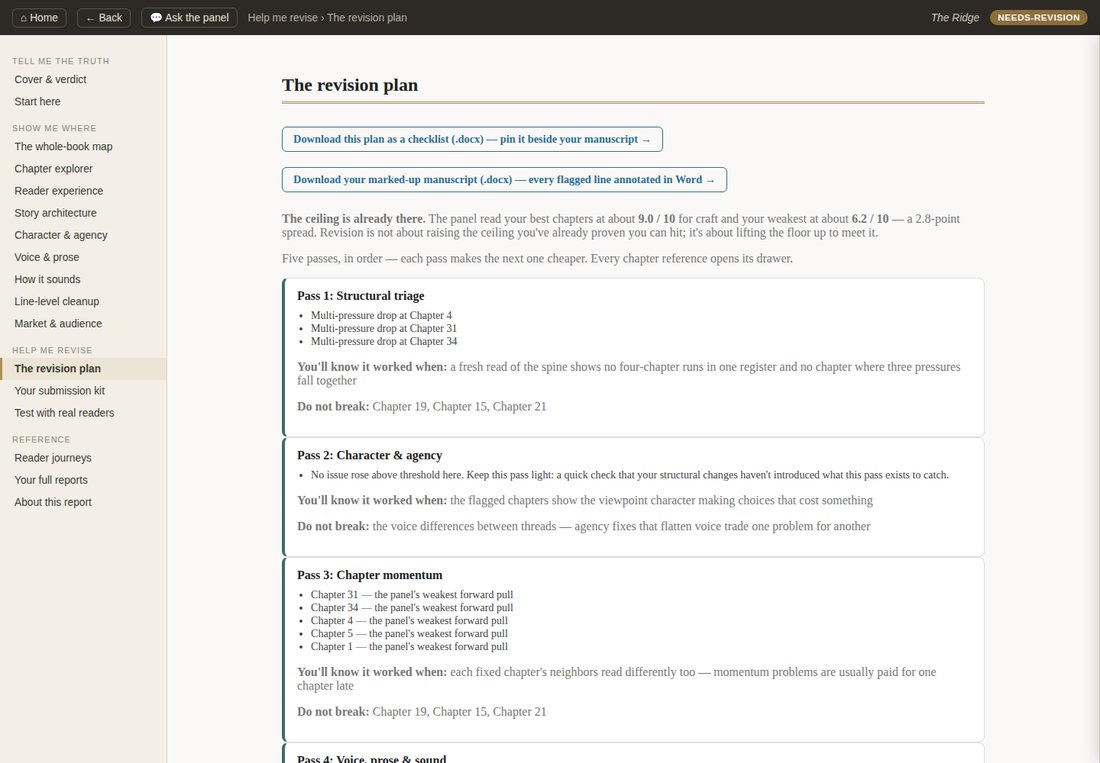 The revision plan — ordered passes with verify steps