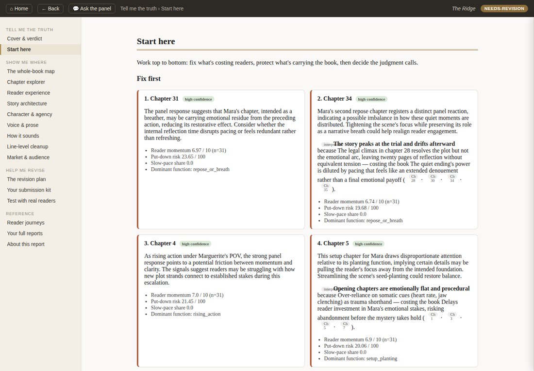 Start here page — prioritized fix-first cards with chapter-specific findings